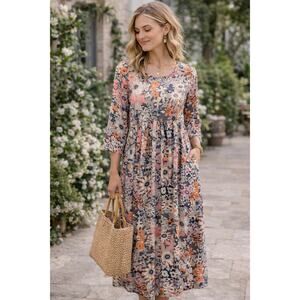 Floral Maxi Dress Empire Waist Boho Cottagecore Flowy 3/4 Sleeve Size M